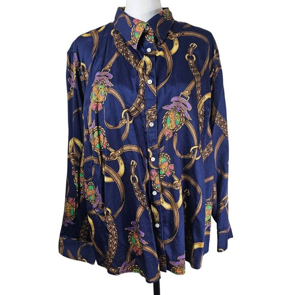 Ralph Lauren LRL Womens 3X Equestrian Crest Horseshoe Button Up Shirt Old Money - Picture 1 of 9
